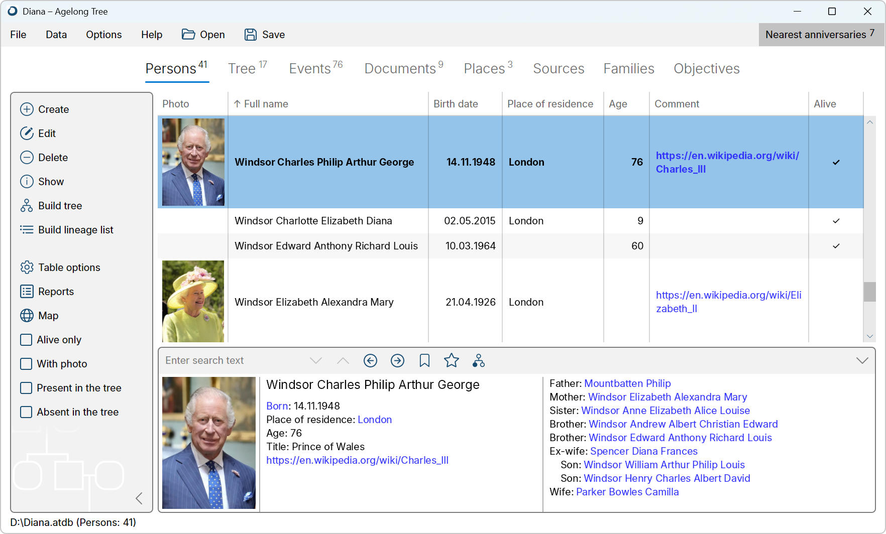 Main program window, persons tab