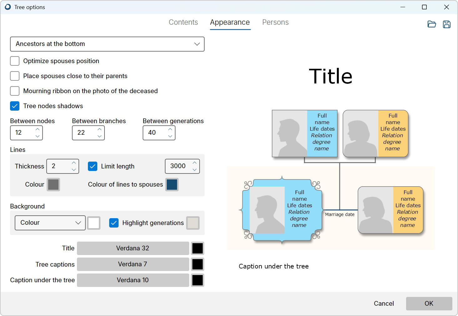 Tree options window, Appearance tab