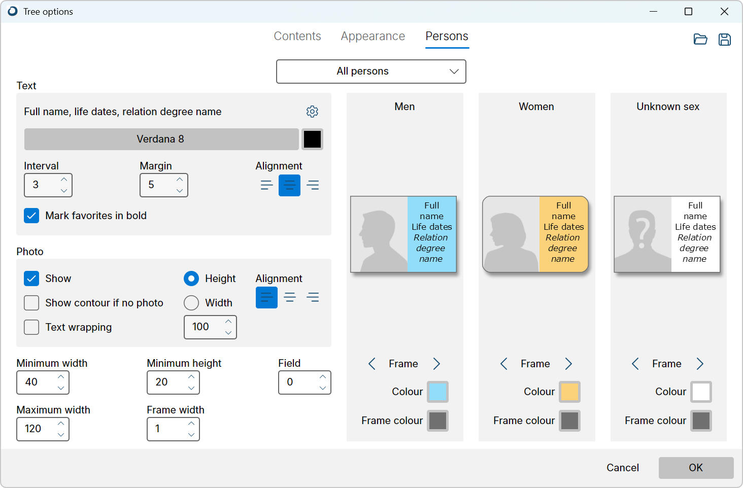 Tree options window, Persons tab